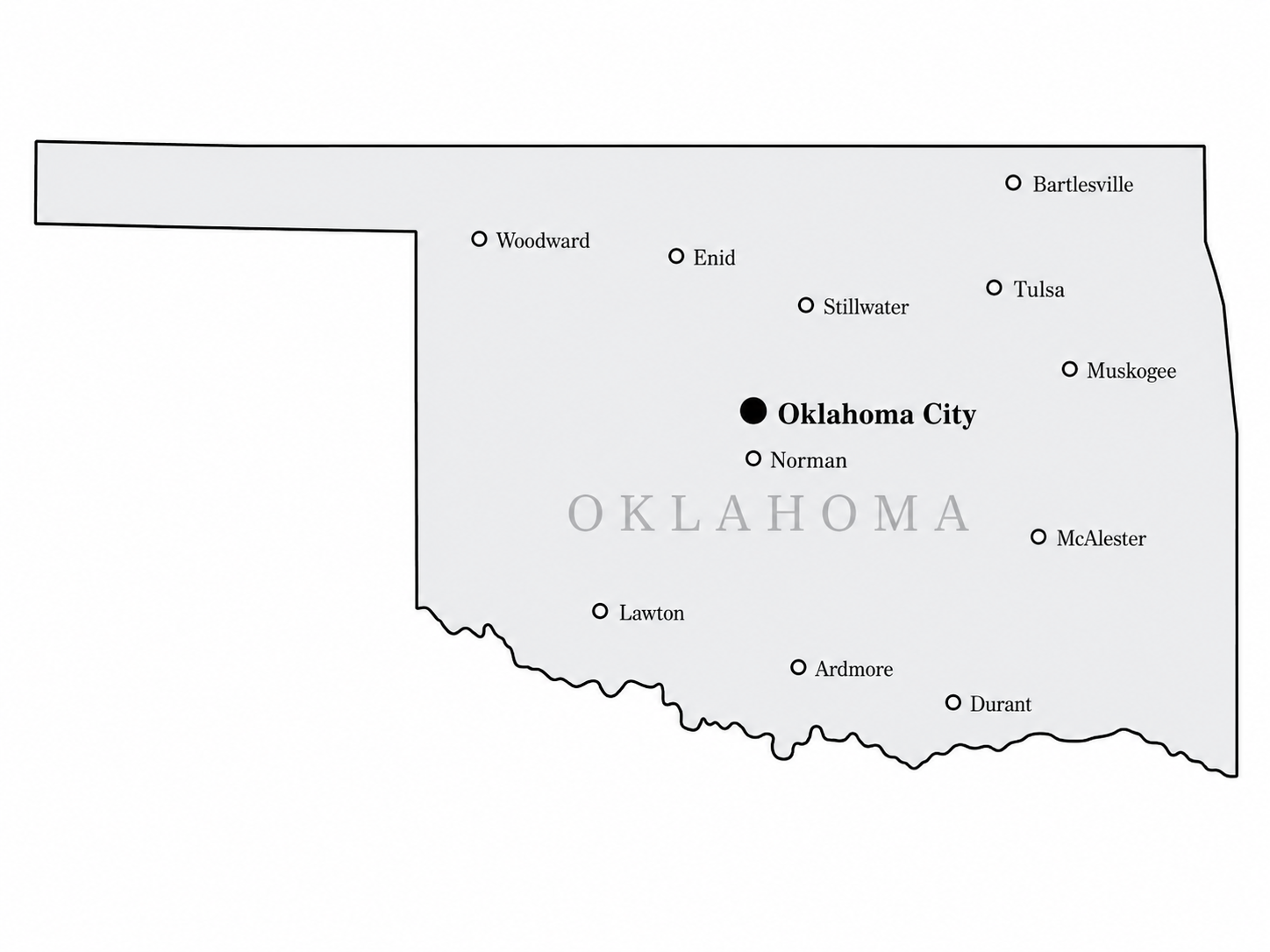 Map of Oklahoma with major cities marked including Oklahoma City, Tulsa, Norman, Enid, Lawton and Durant
